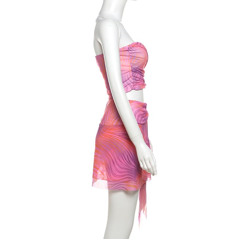 acelimosf™-Backless tie dye ruffle tube mini skirt set