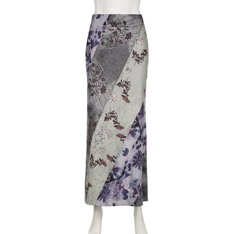 acelimosf™-Flower print contrast maxi skirt