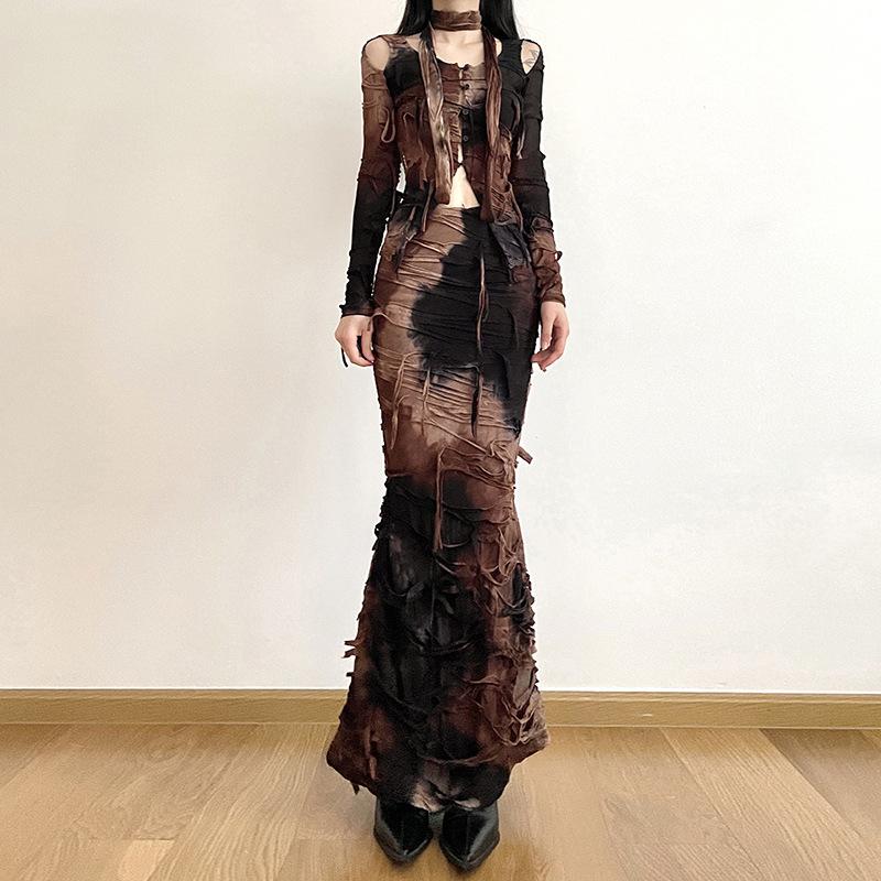 acelimosf™-Textured tie dye contrast zip-up low rise maxi skirt set