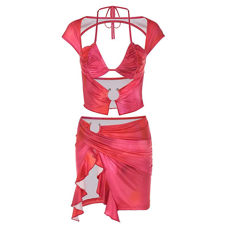 acelimosf™-Cap sleeve o ring ruffle ruched mini skirt set