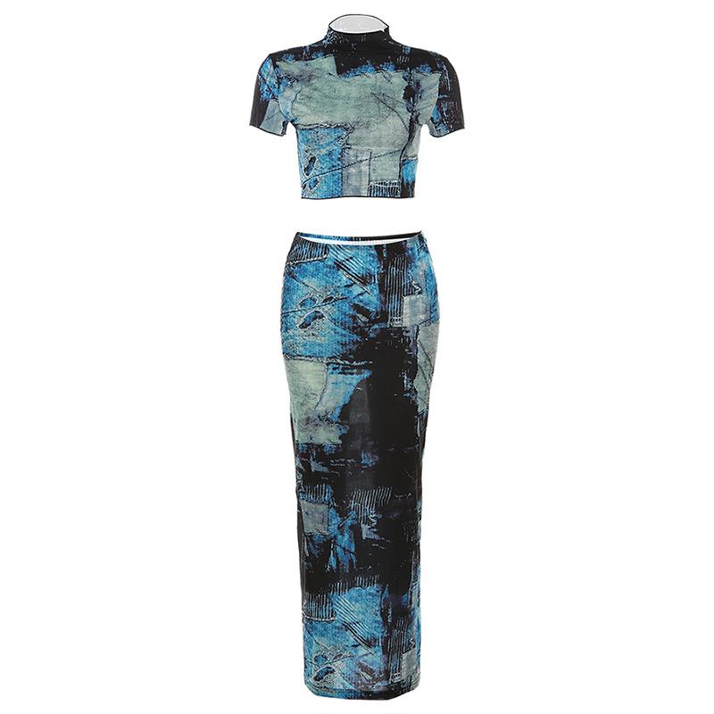 acelimosf™-Short sleeve high neck contrast print maxi skirt set cyberpunk Sci-Fi Fashion