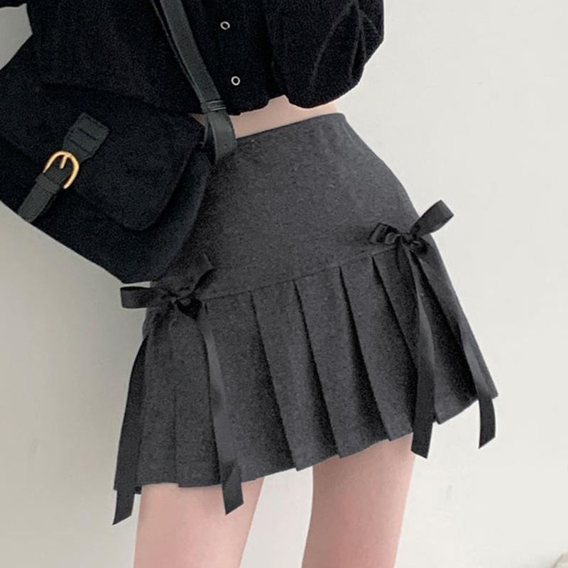 acelimosf™-Pleated bowknot contrast high rise A line mini skirt