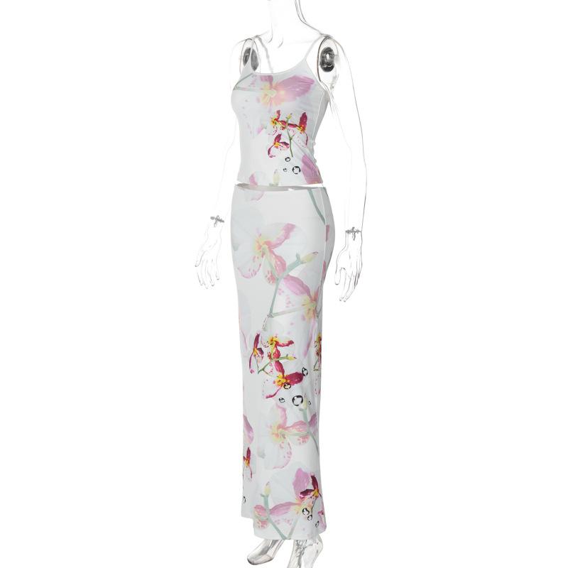 acelimosf™-Flower print u neck adjustable cami maxi skirt set