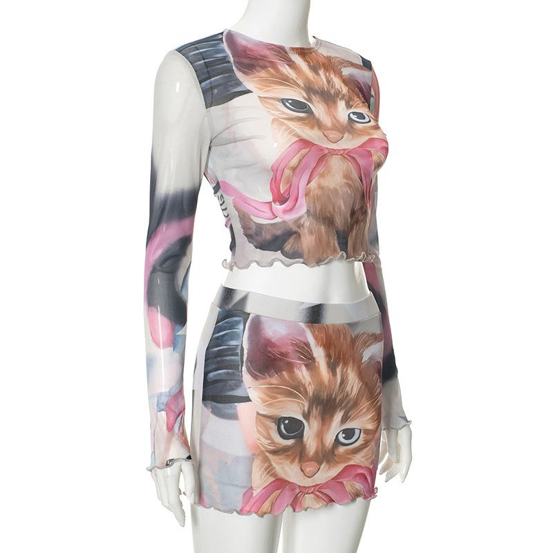 acelimosf™-Long sleeve sheer mesh cat print mini skirt set