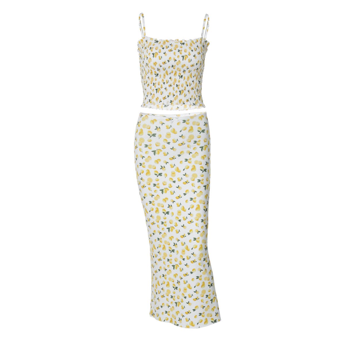 acelimosf™-Lemon print smocked cami midi skirt set