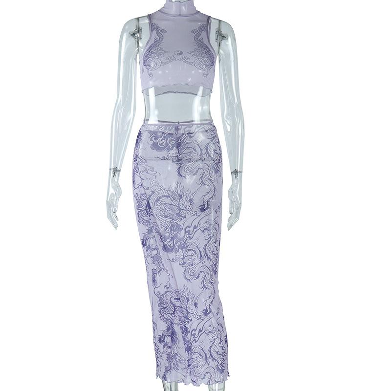 acelimosf™-High neck dragon print sheer mesh ruffle midi skirt set