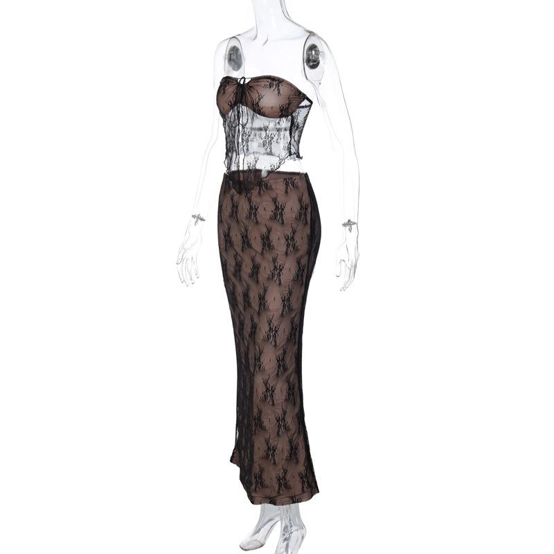 acelimosf™-Lace contrast self tie backless tube maxi skirt set