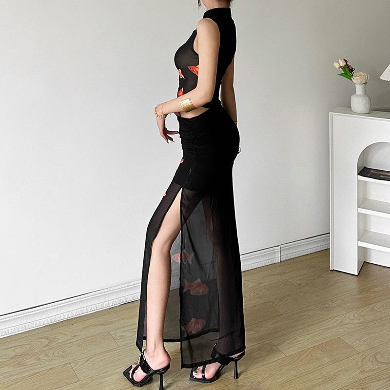 acelimosf™-High slit goldfish print button mesh see through maxi skirt set