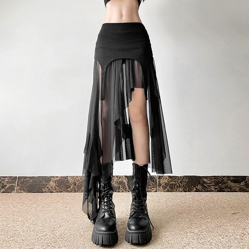 acelimosf™-Mesh patchwork irregular midi skirt