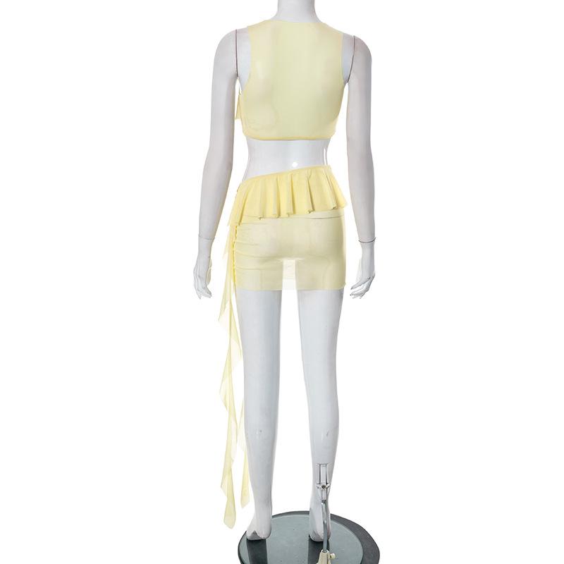 acelimosf™-Sheer mesh see through solid ruffle ribbon sleeveless mini skirt set