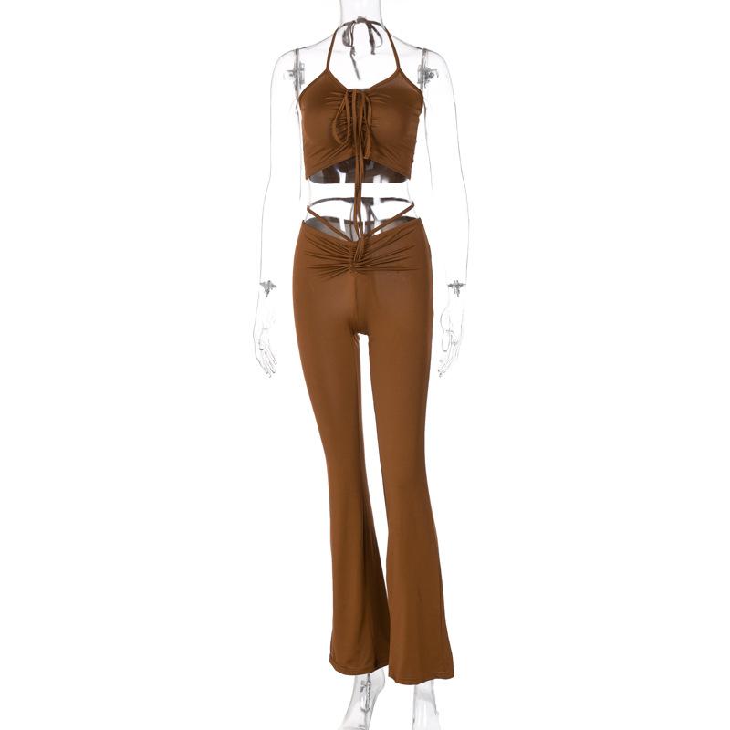 acelimosf™-Self tie halter drawstring ruched backless solid flared pant set