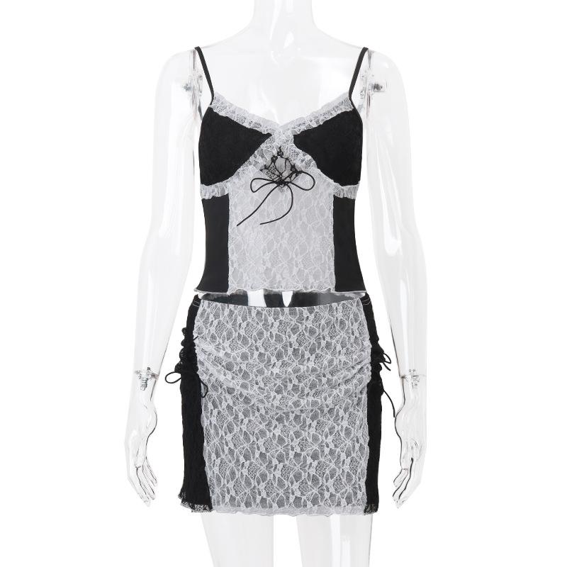 acelimosf™-Lace drawstring ruched see through cami mini skirt set