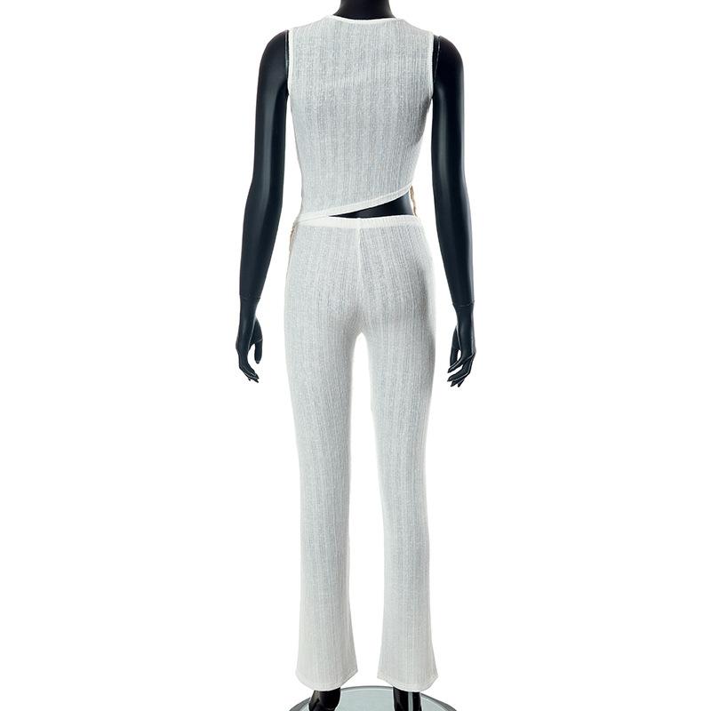 acelimosf™-Irregular sleeveless textured crewneck tassels solid pant set