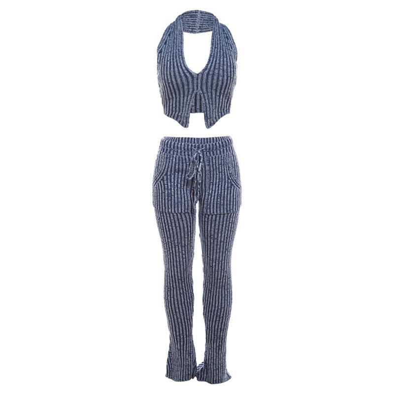 acelimosf™-Textured striped contrast halter slit pocket v neck pant set