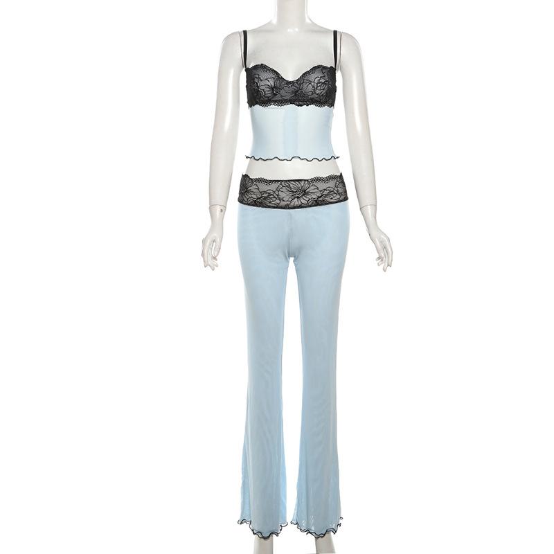 acelimosf™-Lace mesh ruffle sweetheart neck cami pant set