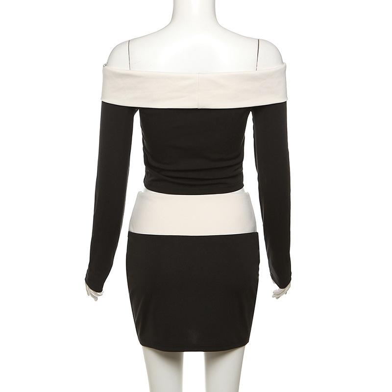 acelimosf™-Contrast patchwork off shoulder long sleeve mini skirt set