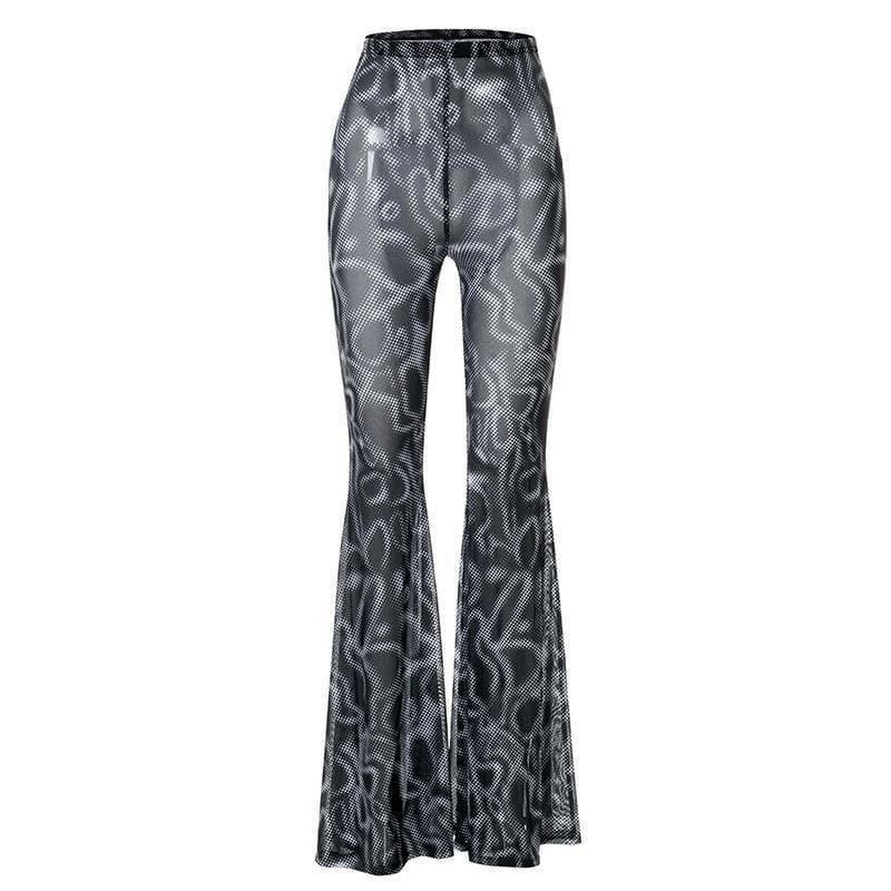 acelimosf™-Mesh see through flared print pant y2k 90s Revival Techno Fashion