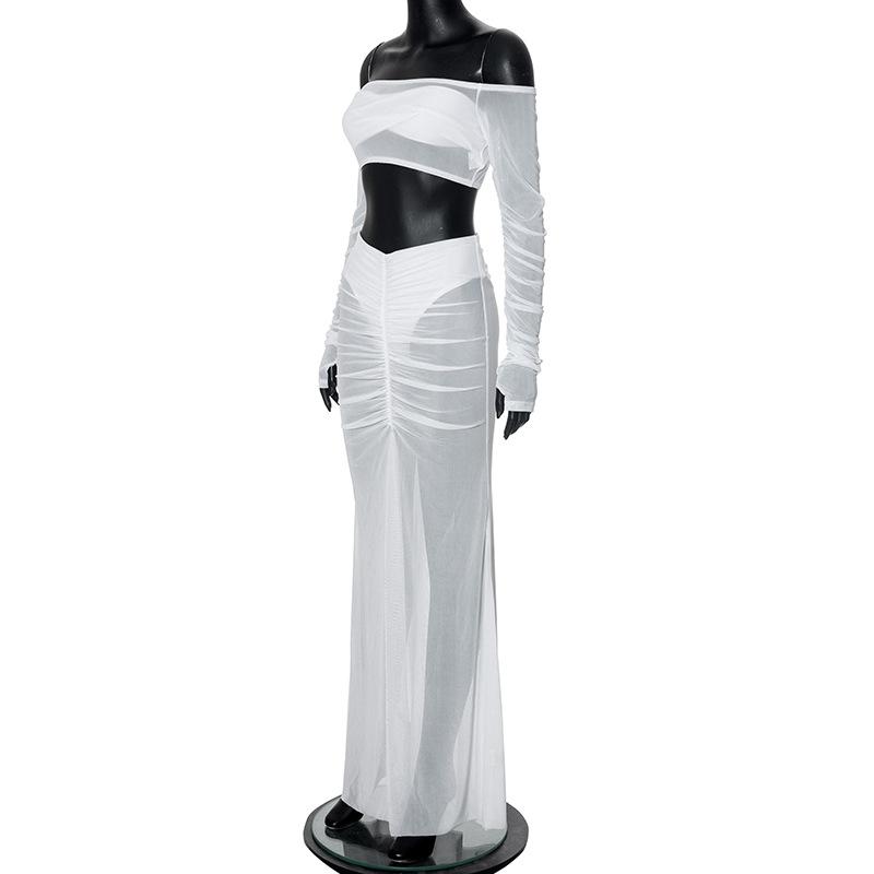 acelimosf™-Long sleeve off shoulder ruched mesh maxi skirt set