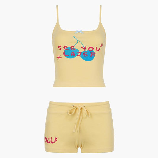 acelimosf™-U neck letter print bowknot cami pant set