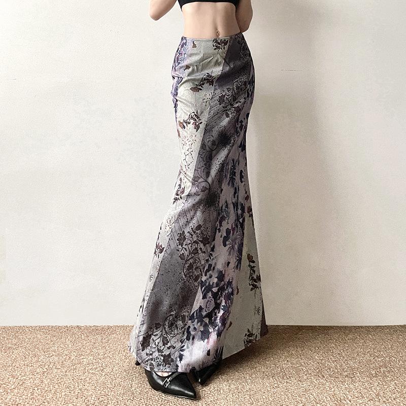 acelimosf™-Flower print contrast maxi skirt