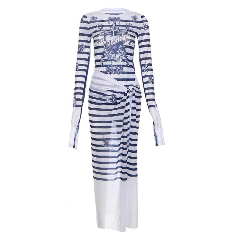 acelimosf™-Sheer mesh see through striped long sleeve knotted maxi skirt set