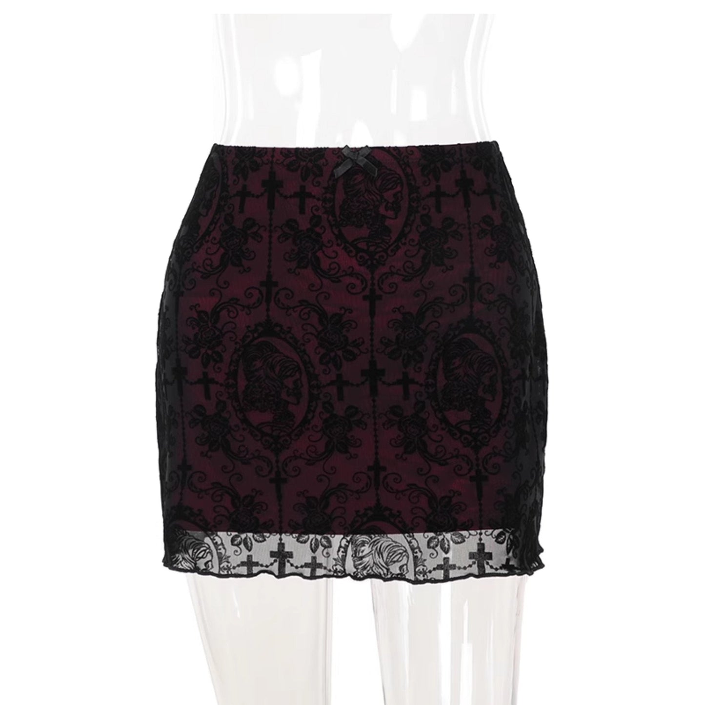 acelimosf™-Print mesh bowknot ruffle mini skirt