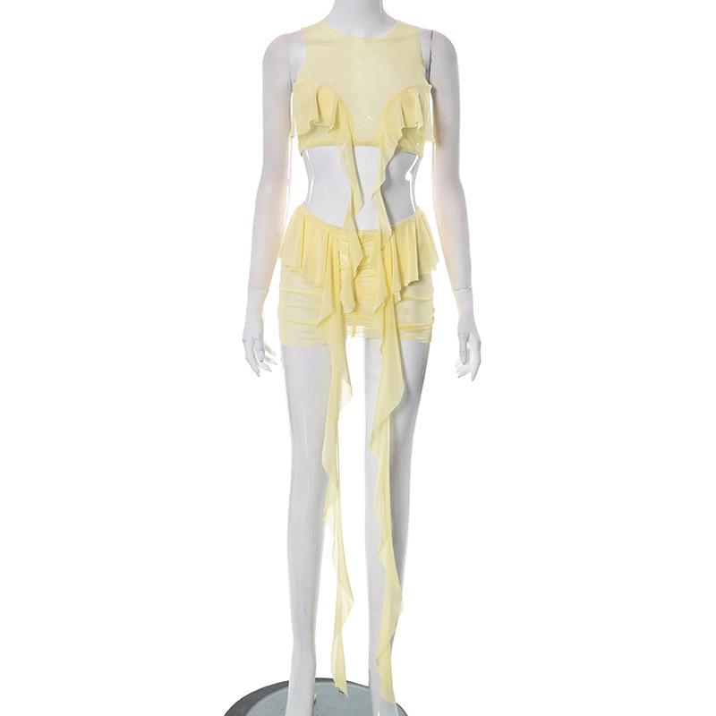 acelimosf™-Sheer mesh see through solid ruffle ribbon sleeveless mini skirt set