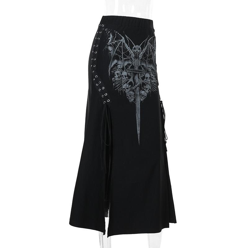 acelimosf™-High slit lace up bat print maxi skirt