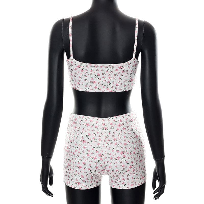 acelimosf™-Floral print textured cami crop top short pant set y2k 90s Revival Techno Fashion