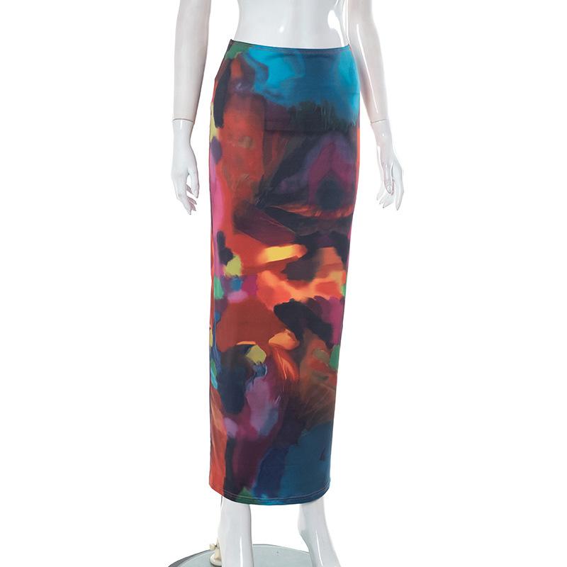 acelimosf™-Abstract print low rise contrast maxi skirt y2k 90s Revival Techno Fashion