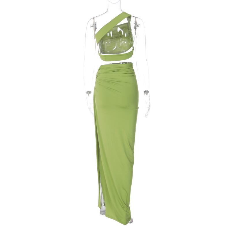 acelimosf™-Ruched solid one shoulder irregular self tie maxi skirt set