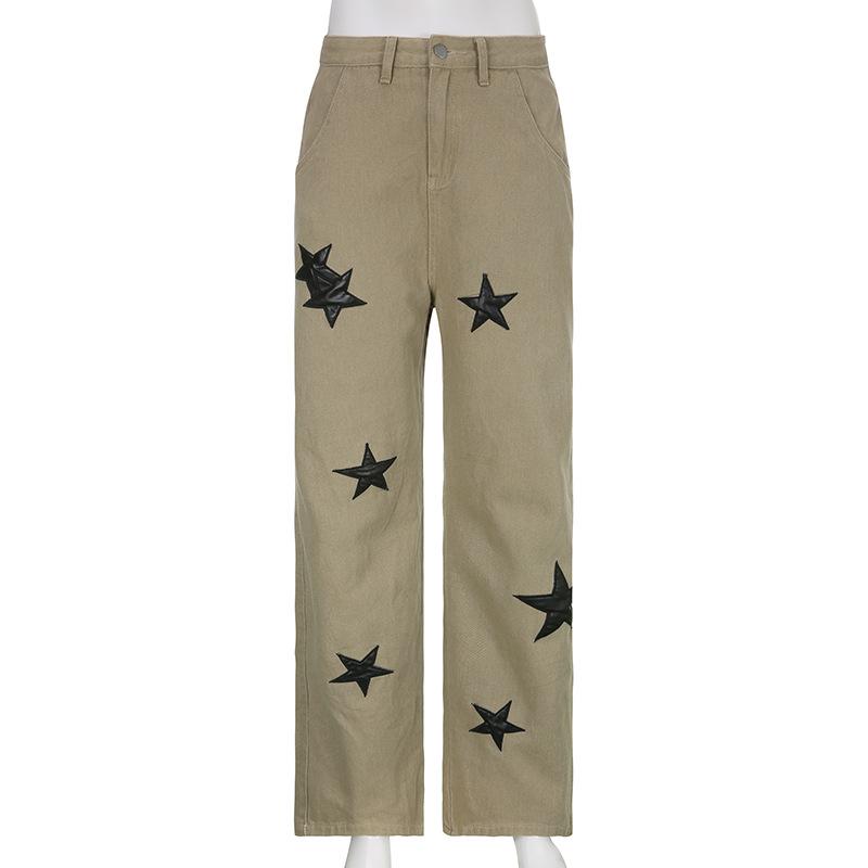 acelimosf™-Contrast star pattern zip-up button straight leg grunge 90s Streetwear Disheveled Chic Fashion grunge 90s Streetwear Distressed Fashion