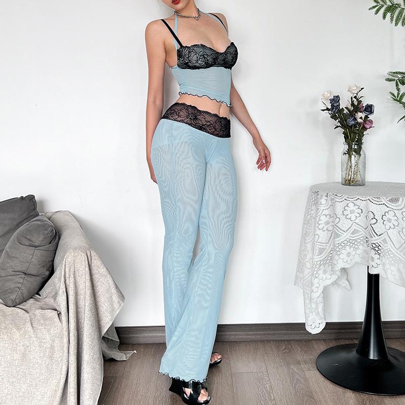 acelimosf™-Lace mesh ruffle sweetheart neck cami pant set