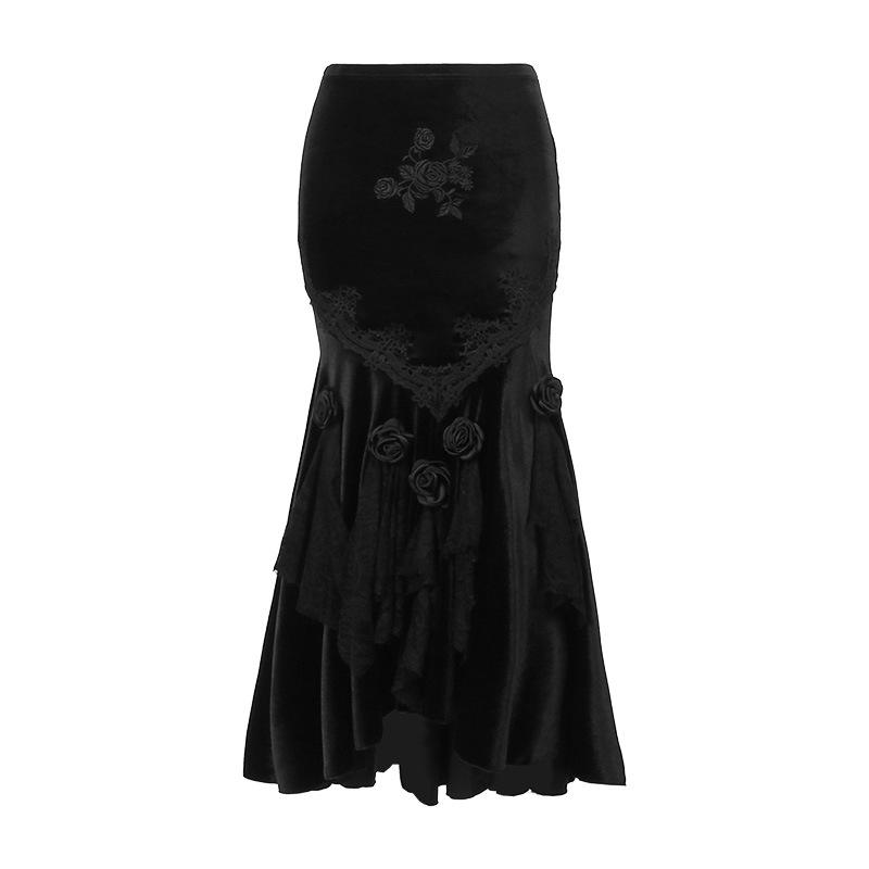 acelimosf™-Velvet embroidery flower applique lace hem ruched maxi skirt