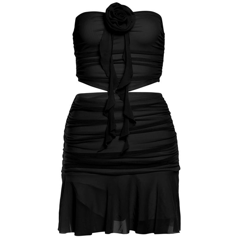 acelimosf™-Flower applique ruched ruffle mesh tube mini skirt set