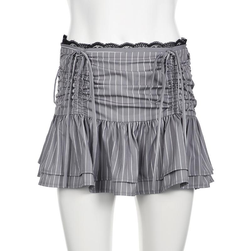 acelimosf™-Drawstring ruched lace hem striped mini skirt