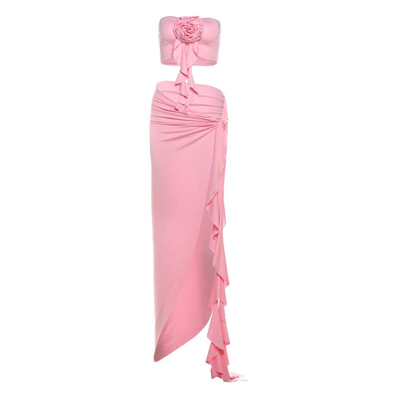 acelimosf™-Flower applique high slit ruffle maxi skirt set