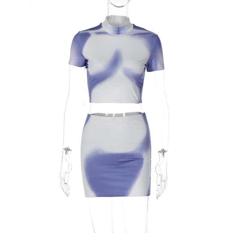 acelimosf™-Short sleeve high neck contrast body print mini skirt set y2k 90s Revival Techno Fashion