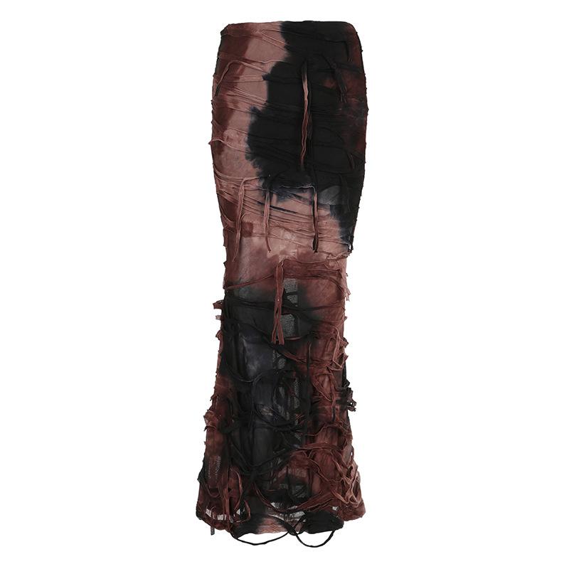 acelimosf™-Textured tie dye contrast zip-up low rise maxi skirt set