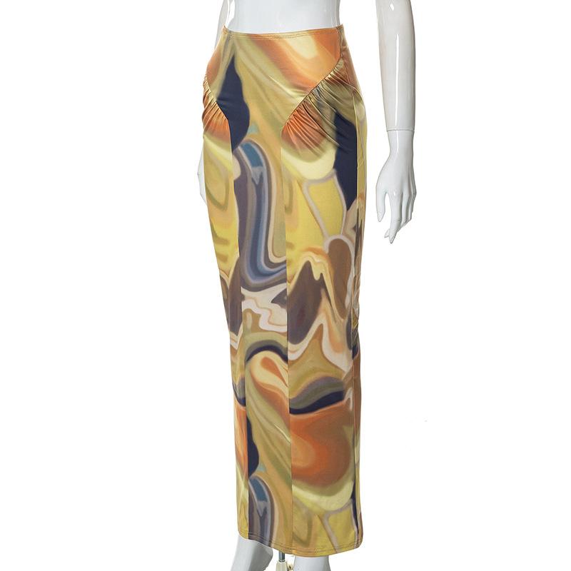 acelimosf™-Contrast ruched abstract print midi skirt cyberpunk Sci-Fi Fashion