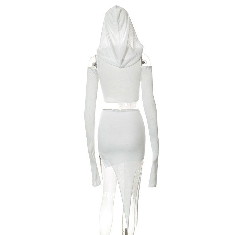 acelimosf™-Hoodie irregular solid off shoulder long sleeve mini skirt set y2k 90s Revival Techno Fashion