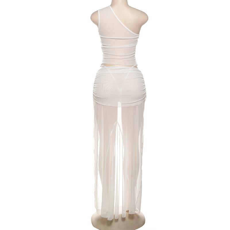 acelimosf™-One shoulder high slit ruffle sheer mesh maxi skirt set