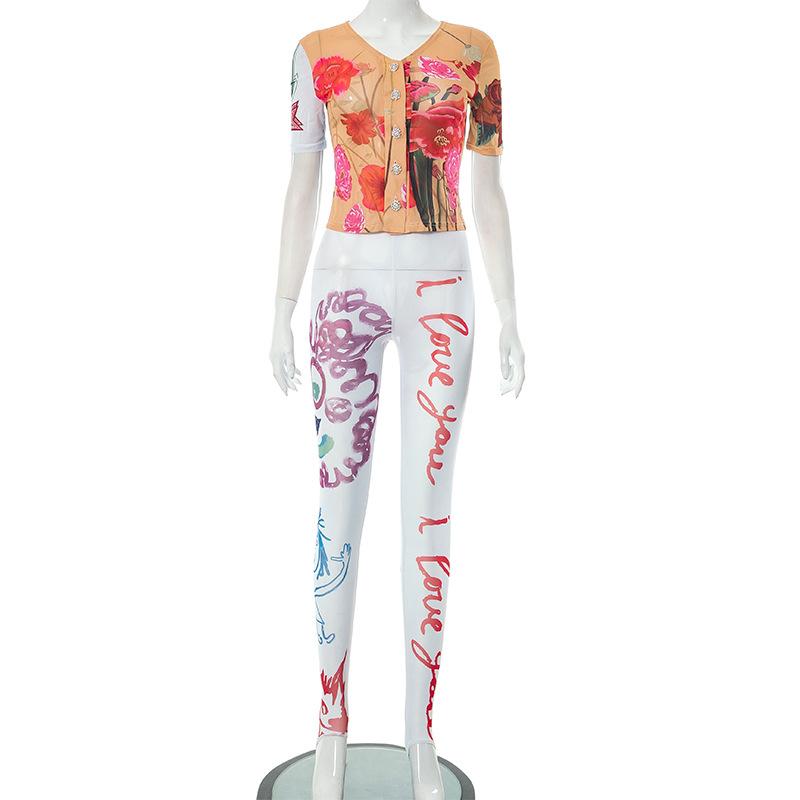 acelimosf™-Flower print button short sleeve sheer mesh see through pant set fairycore Ethereal Fashion