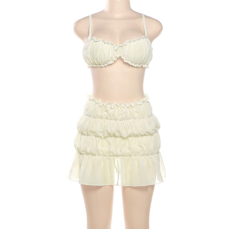 acelimosf™-Ruffle ruched solid cami mini skirt set