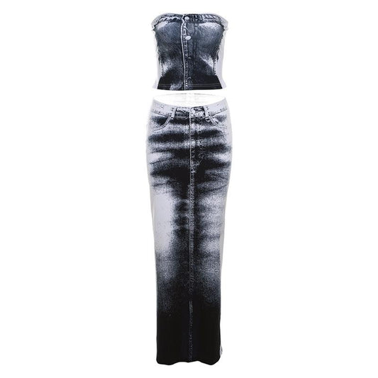 acelimosf™-Contrast denim print slit backless tube maxi skirt set