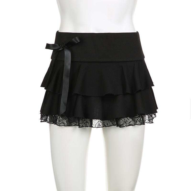 acelimosf™-Bowknot solid ruffle lace hem low rise mini skirt