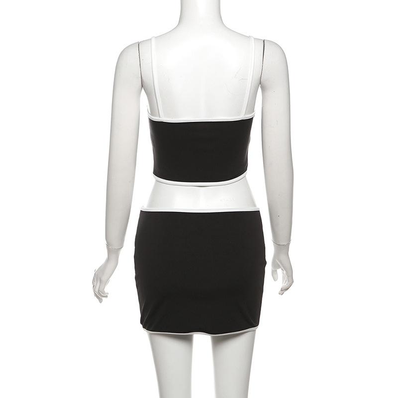 acelimosf™-U neck stitch hollow out cami mini skirt set