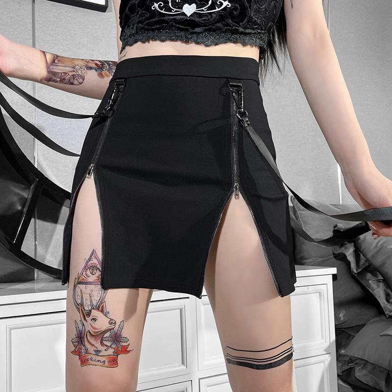 acelimosf™-Solid zip-up ribbon medium rise mini skirt y2k 90s Revival Techno Fashion