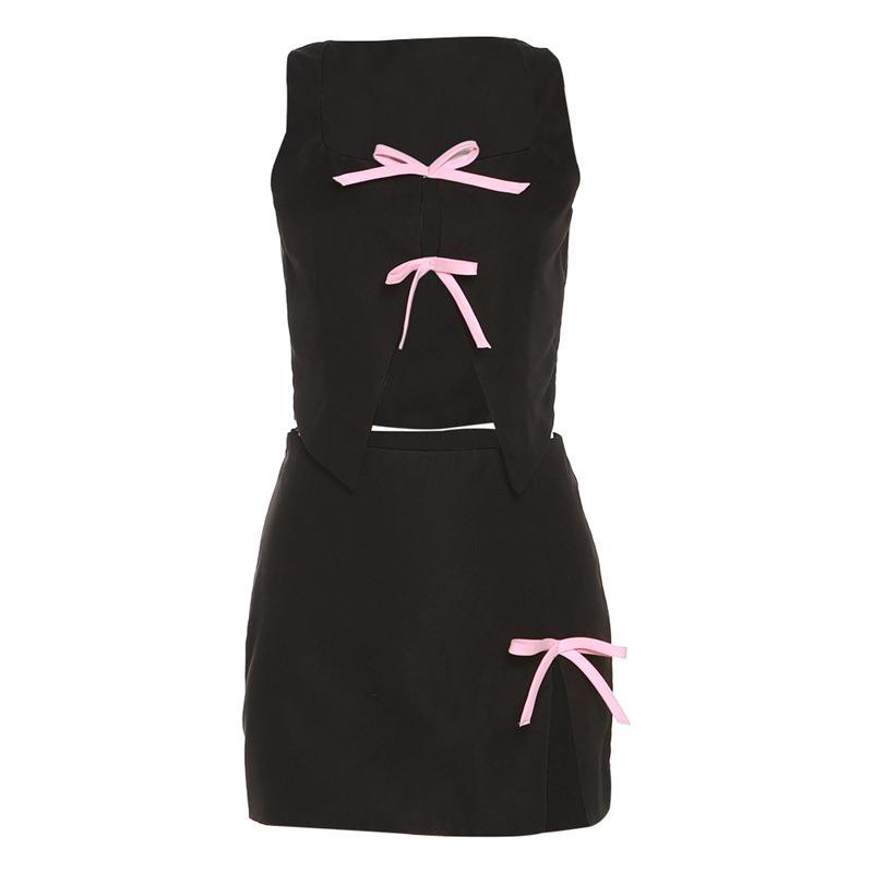 acelimosf™-Sleeveless solid square neck bowknot applique slit mini skirt set