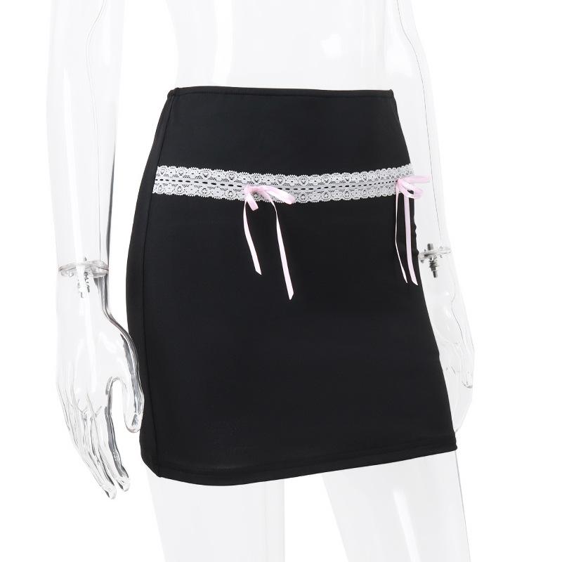 acelimosf™-Bowknot lace hem ribbon A line contrast mini skirt